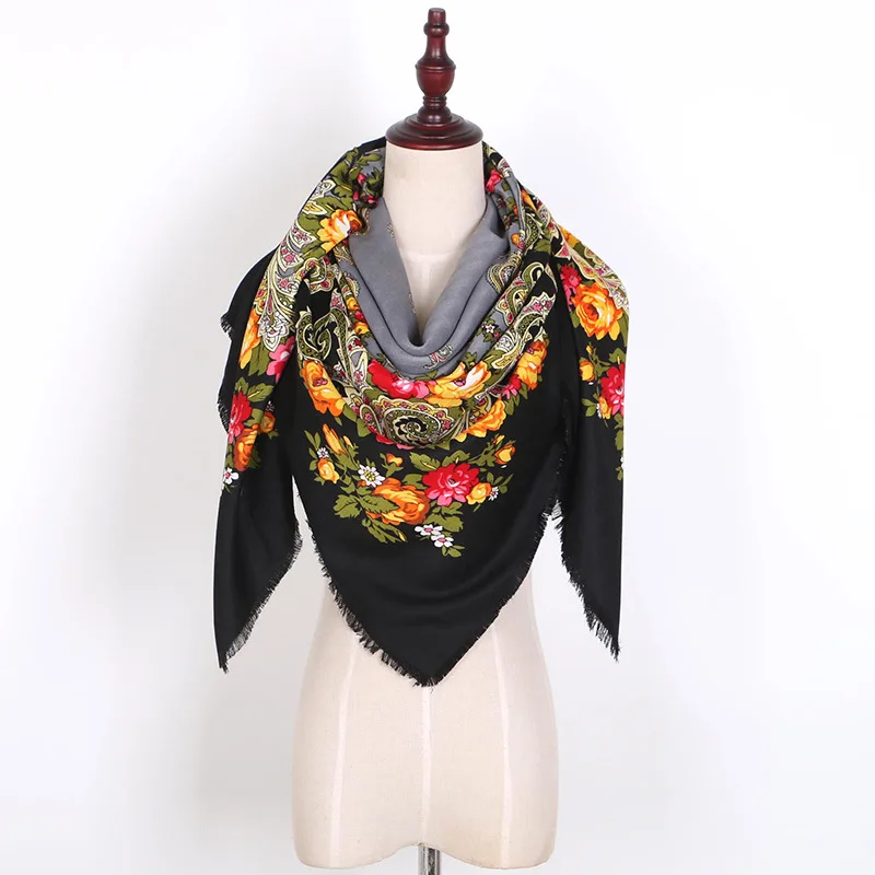 Russian Style Big Size Square Scarf Luxury Women Floral Print Bandana Wraps Female Retro Short Tassel Ethnic Shawl Handkerchief