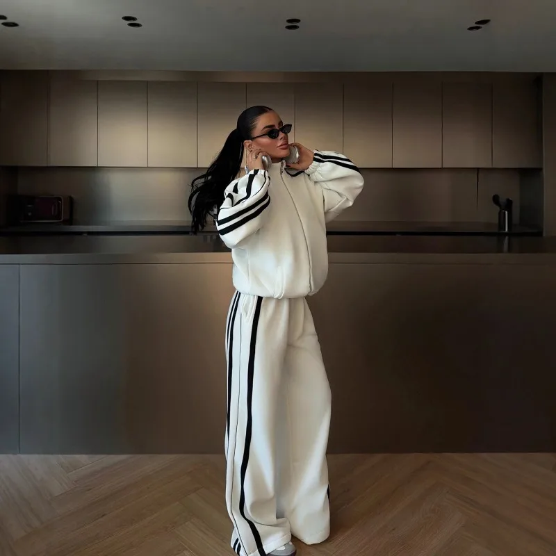 Cross-border Hot Sale 2026 European and American New Color Matching Long-sleeved Leisure Sports Set 2-piece Women's Cotton Sets