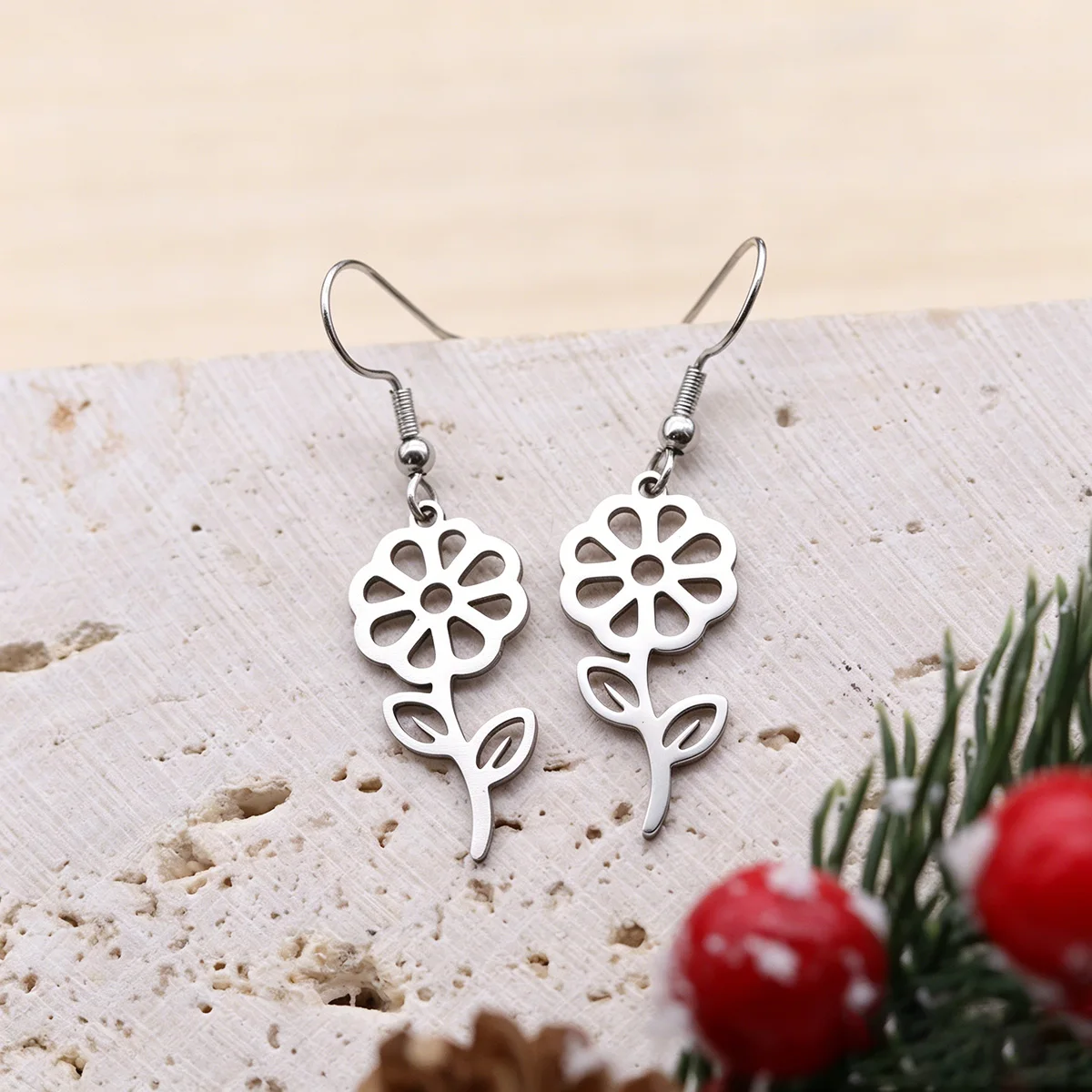 Stainless Steel Gold Plated Hollow Daisy Stem Earrings for Women Minimal Floral Metal Ear Hook Jewelry Ear Cartilage Puncture