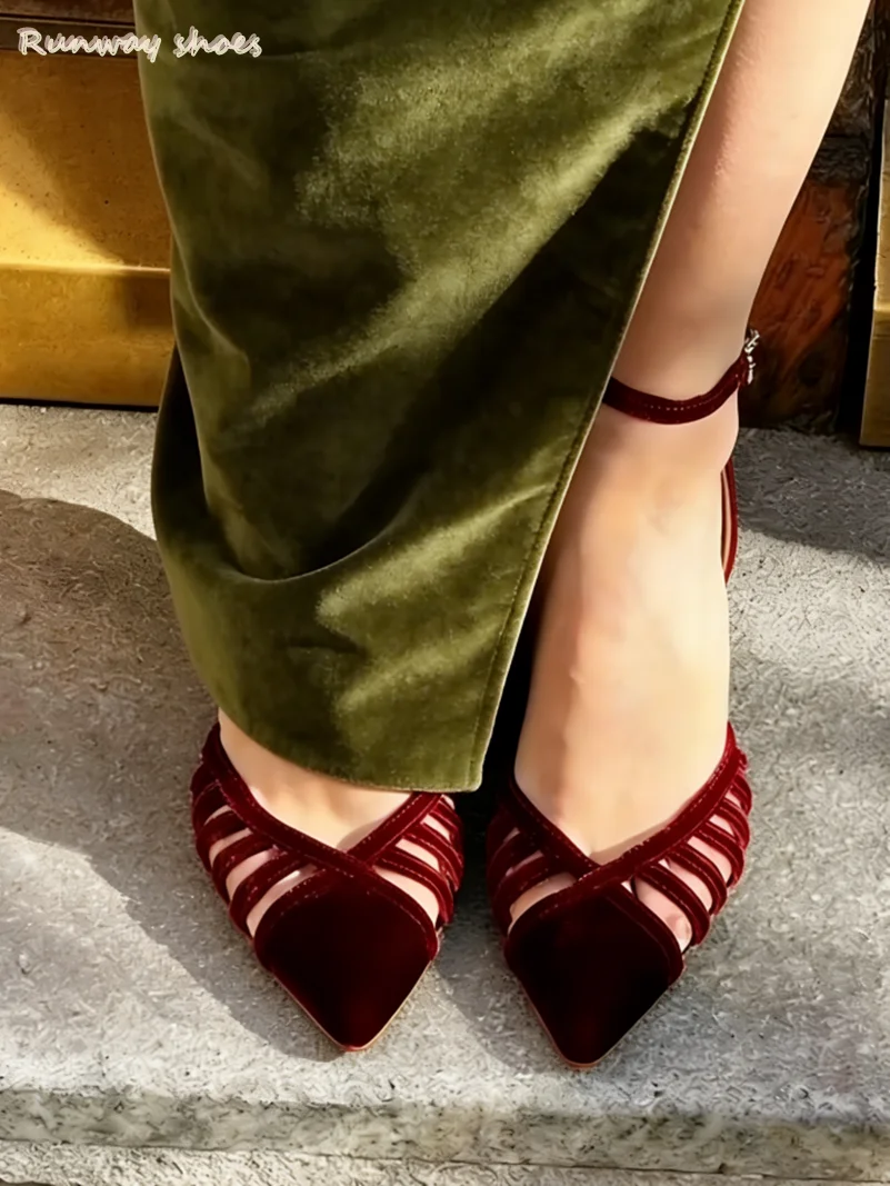 

Claret Velvet Fabric Pointed Stilettos Wedding Shoes Hollow Out net One-Strap Buckle Luxurious Women's Shoes For Banquets