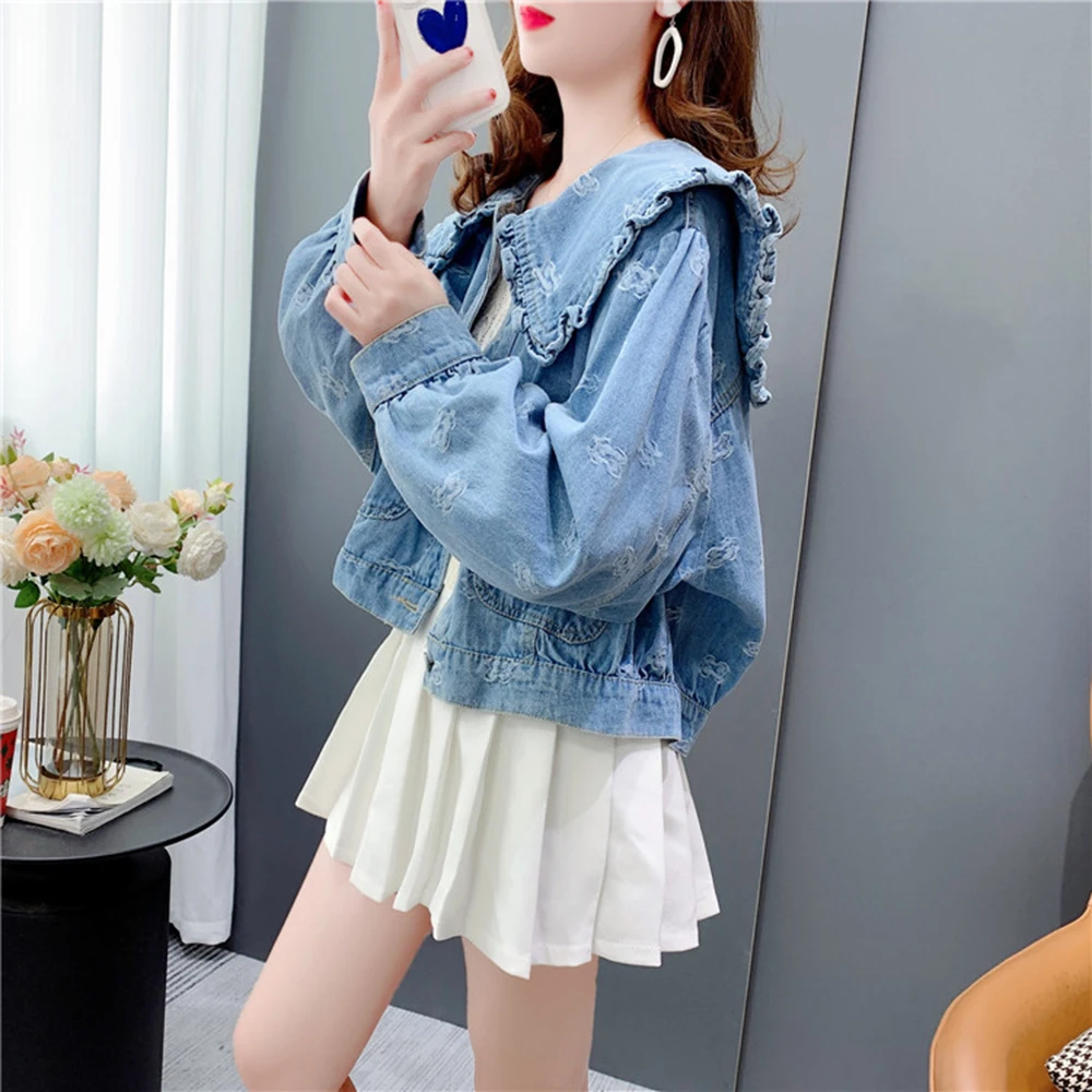 Korean Style Sweet Ruffles Women\'s Short Denim Jacket Ladies Peter Pan Collar Retro Jean Coat For Women Long Sleeve Outwear Tops