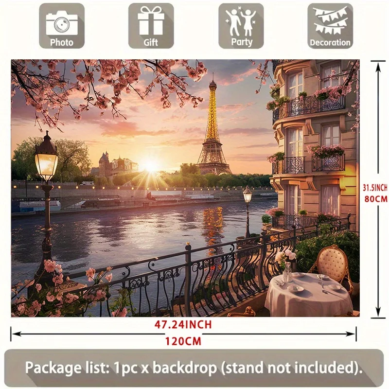 1 Stück Paris Frühlingslandschaft Hintergrund, Polyester-Wanddekorationsbanner, Eiffelturm und Flussansicht, Heim- und Raumdekoration – Detail 5