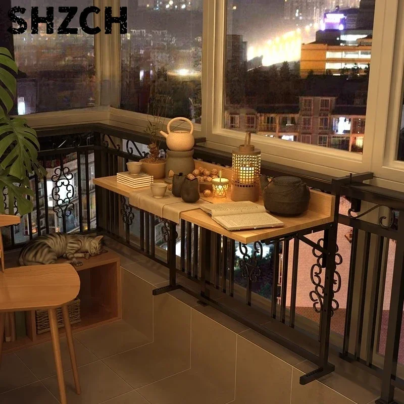 Foldable Balcony Bar Table Teak Wood Hanging Breakfast Counter Sturdy Railing Laptop Desktop Save Space Island Tea Stand