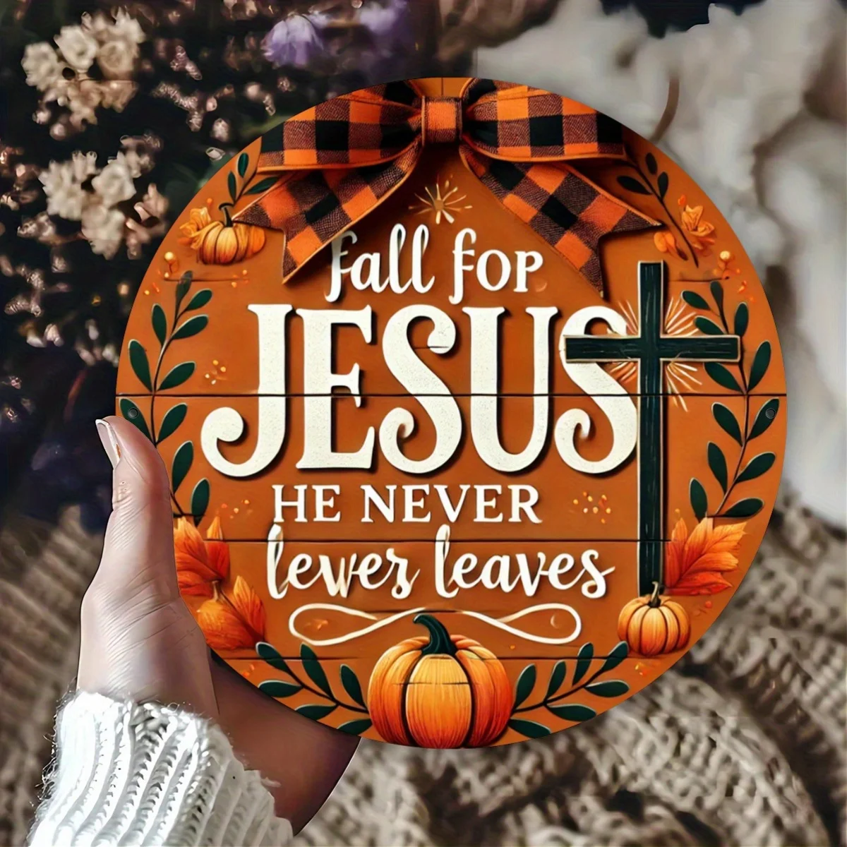 Herbstliches Jesus-Kreuz Kürbis Buffalo Plaid Schleife Blechschild - Vintage Robustes Metallschild Wanddekoration, Christliche Herbst-Wanddekoration für Zuhause und Büro