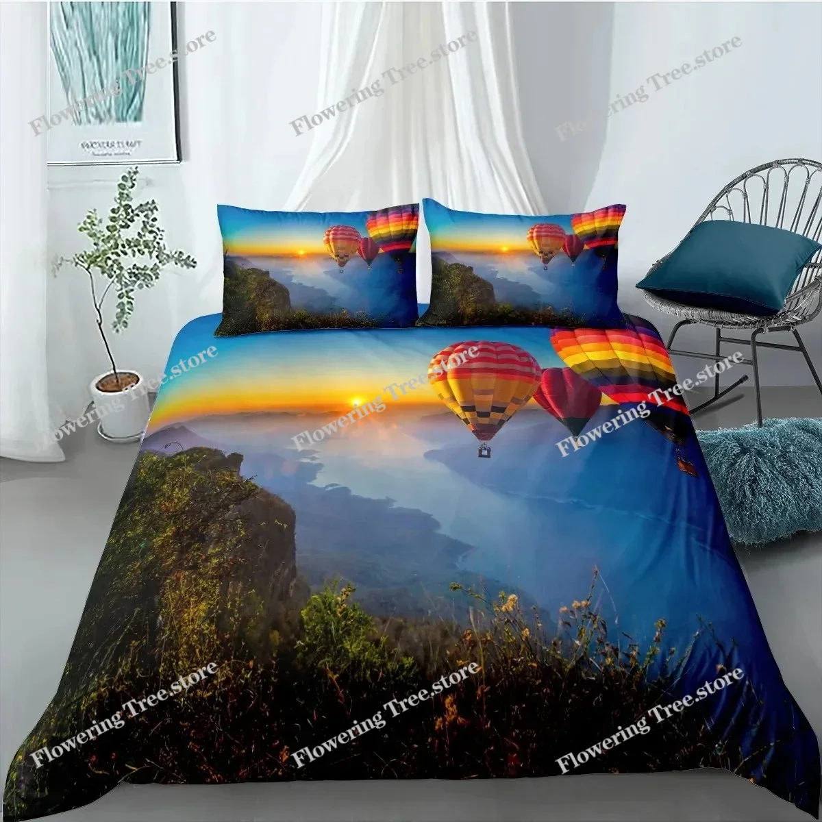 Hot Air Balloon King Queen Duvet Cover Alpine White Clouds Bedding Set Mountains Forests Polyester Quilt Cover