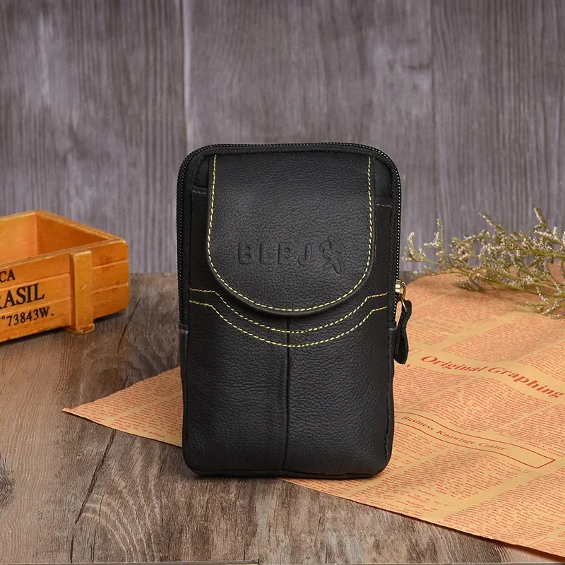 Fashion Multi-function Phone Coin Card Small Waist Bag Cow Leather Wear-resistant Purse Outdoor Pack Business Casual Mens