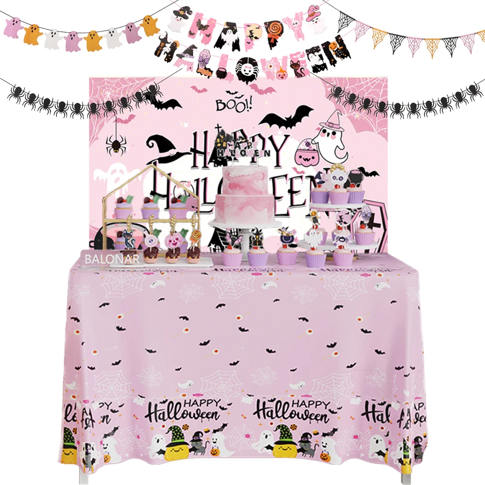 

Halloween Hanging Banner Bunting Spider Ghost Pink Tablecloth Backdrop Cake Toppers Horror Happy Halloween Party Decor Supplies