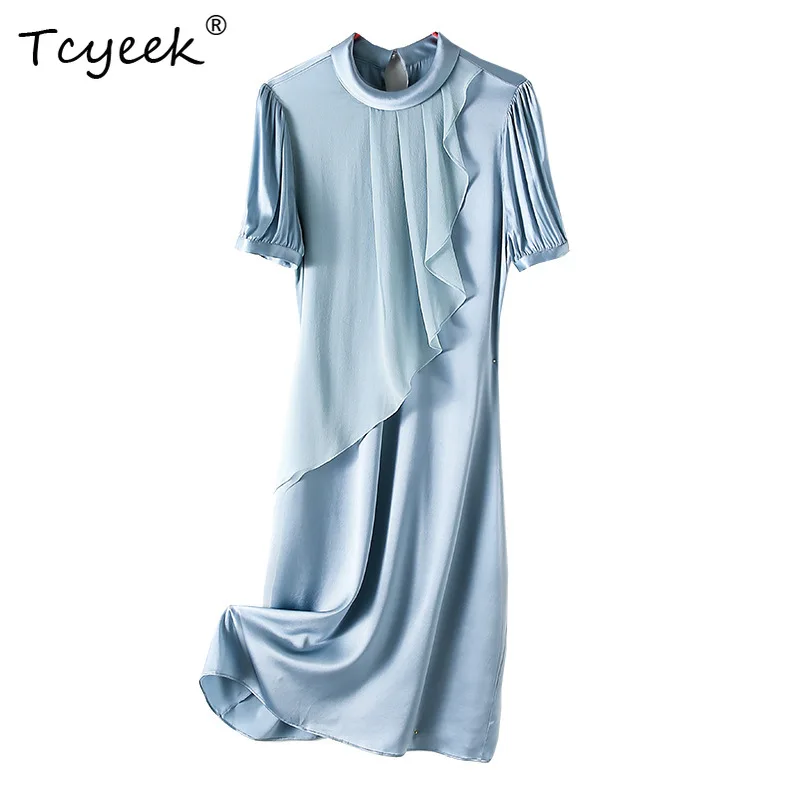 

Tcyeek 91,2% шелковое платье Mulberry для поездок на работу, женское платье трапециевидной формы с оборками, круглым вырезом и короткими рукавами, тонкие однотонные элегантные платья трапециевидной формы в стиле ретро D3D019QD