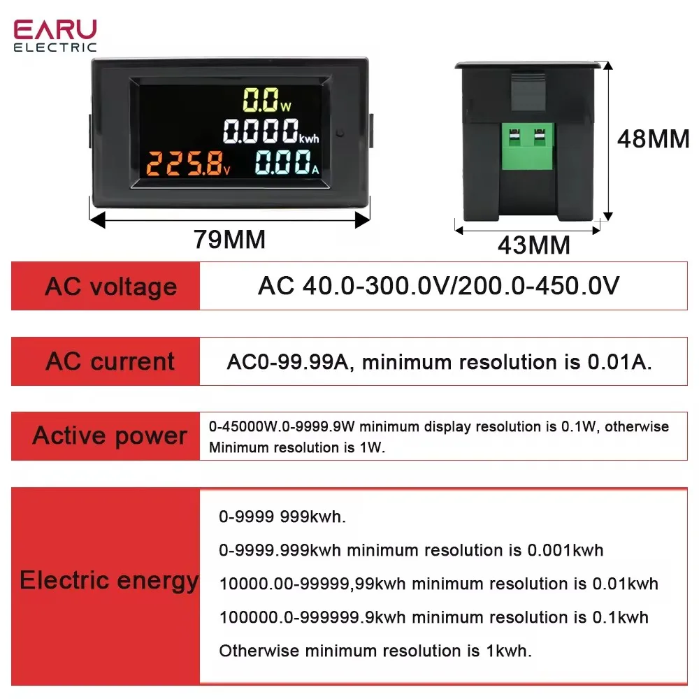 D69-2049 AC 40-300V 200-450V Voltagemeter Ammeter Wattmeter Energy Meter Power Monitor LCD Volt Amp kWh Watt Current Transformer