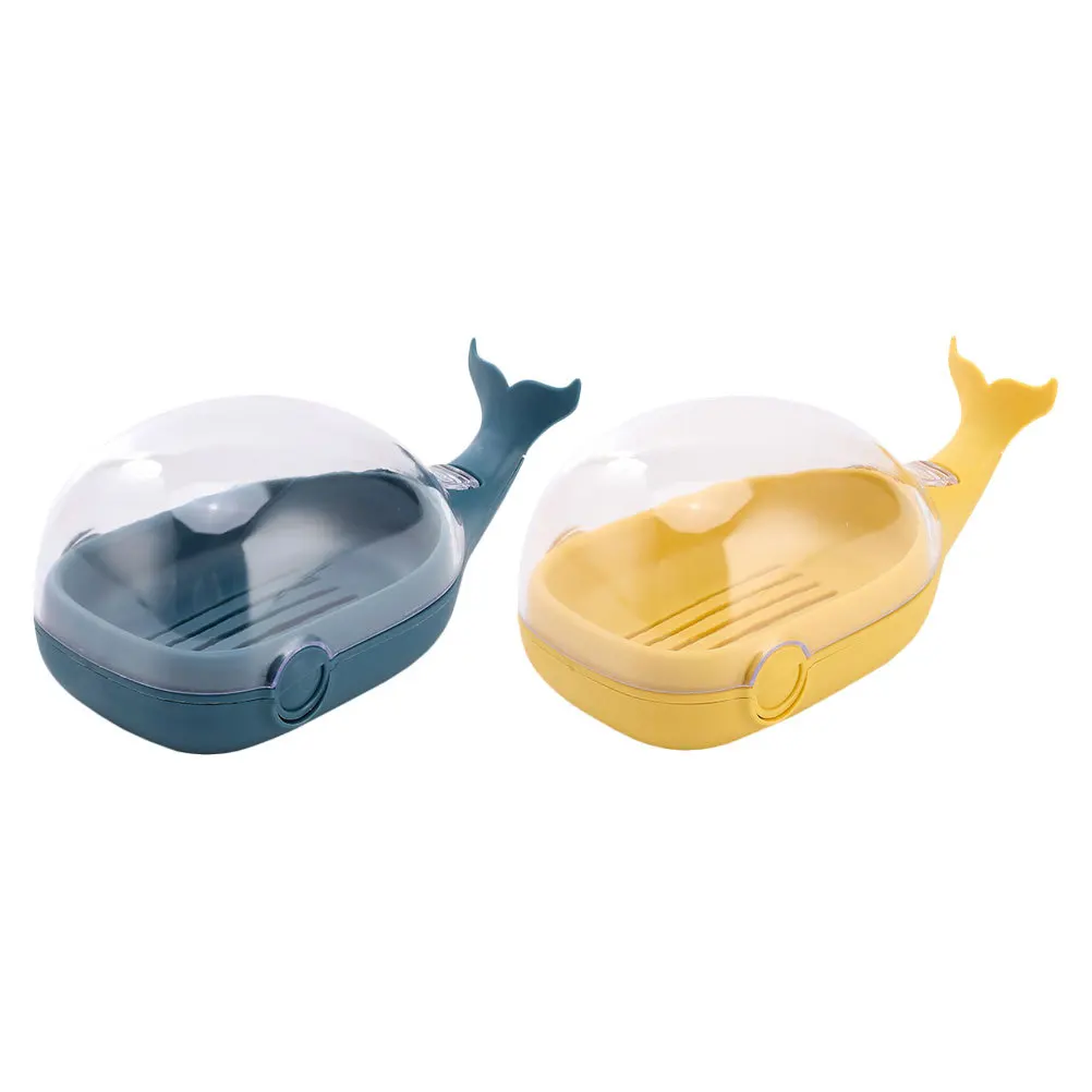 

2pcs Whale Soap Box With Drain Design Transparent Lid Cartoon Pp Material Bathroom Soap Tray For Toilet Home Use