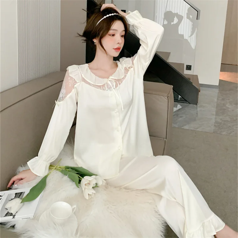 Temperament Noble Summer Satin New Pajamas Women Ice Silk Cardigan Hollow Lotus Collar Loungewear Elegant Lace Pyjamas Sets Pj