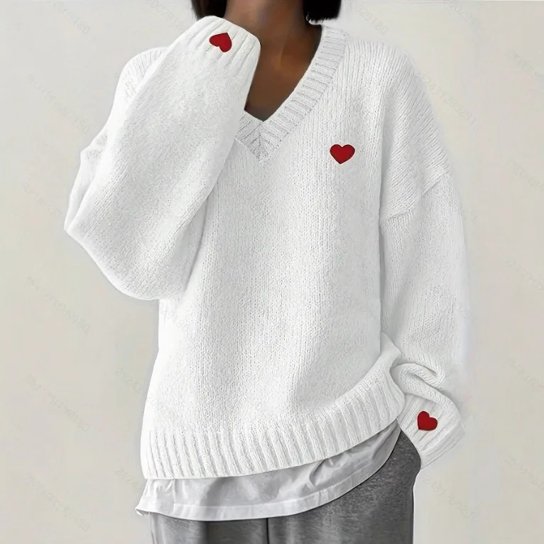 

Heart Embroidery Sweater Women's V Neck Oversized Pullover Romantic Casual Top
