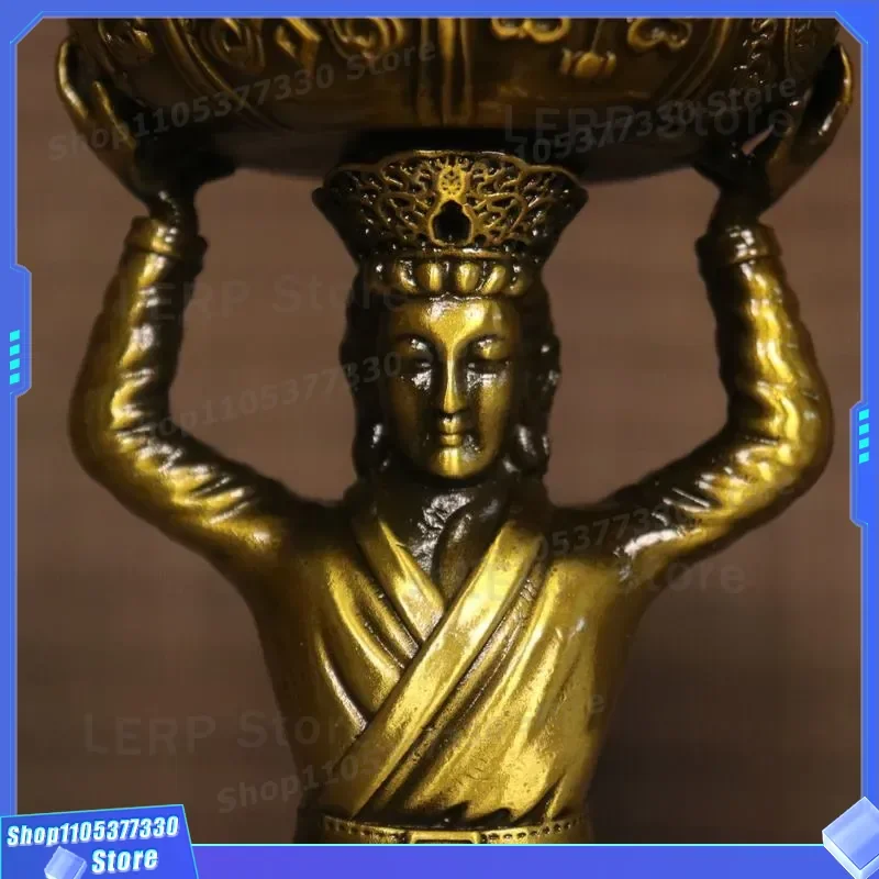 Tibetan Style Pure Brass Butter Lamp Old Casting Figure Shape Maid Oil Lampstand for Buddha Worship Home Decor Lighting
