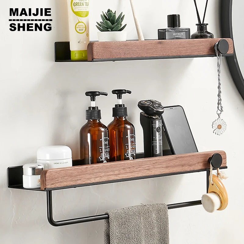 Wood Matt Black Bathroom Corner Shelves Kitchen Wall Shelf Shower Bath Shampoo Storage Rack Bathroom Accessories 20-50cm