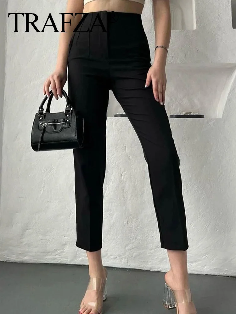 TRAFZA Pantaloni eleganti casual a vita alta da donna Pantaloni a matita slim solidi alla moda con cerniera Pantaloni da lavoro da donna da ufficio