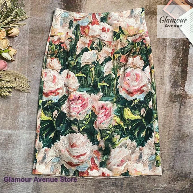 French retro fashion high waist oil painting rose skirt female summer new temperament sweet and lovely casual Joker skirt.