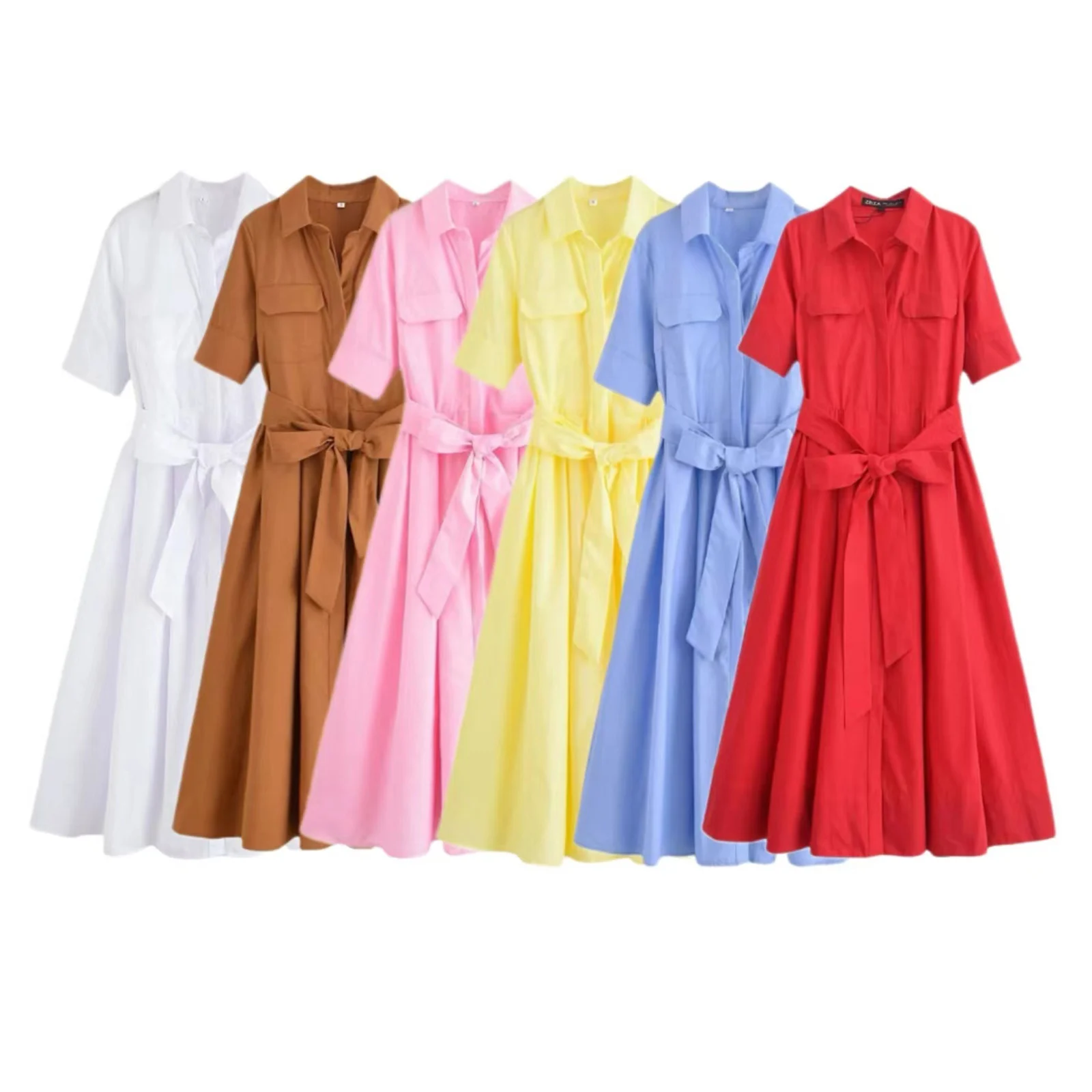 HH Vrouwen Mode Revers Korte Mouw Pocket Single-Breasted Riem Versieren Midi Jurk Vrouwelijke Zomer Elegante Slanke Geplooide Jurk - afbeelding 2