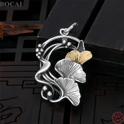 BOCAI New S925 Sterling Silver Pendant for Men Women Three-dimensional Cool Contrasting Color Ginkgo Leaf Antique Jewelry