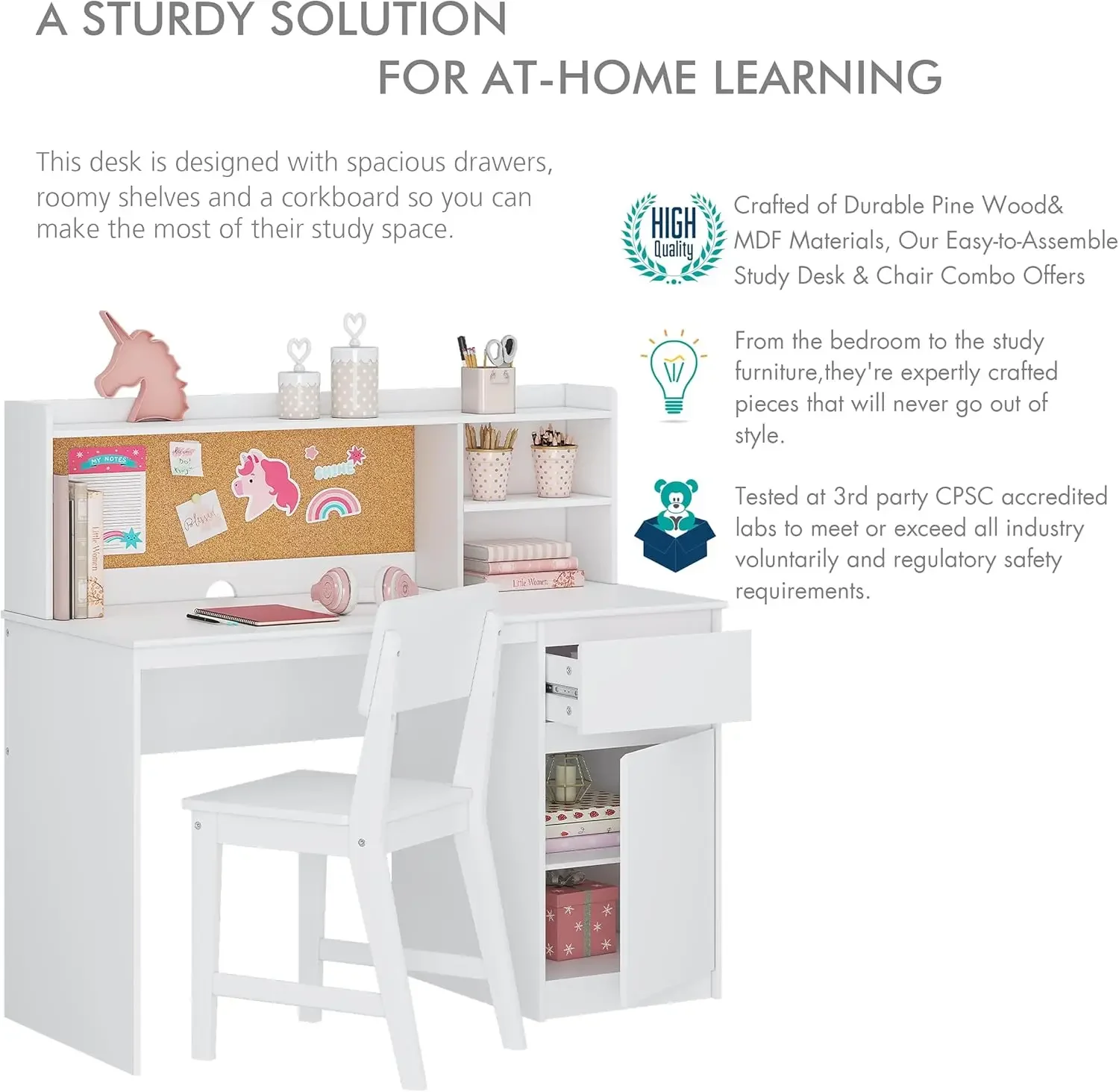 Kids Study Desk with Chair, Kids Desk and Chair Sets with Hutch and Storage Cabinet, Wooden Children Study Table, Student