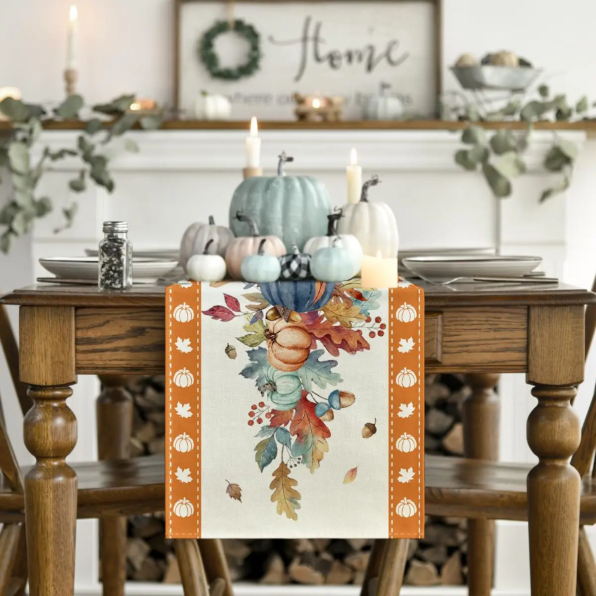 Fall Table Runner Home Party Decor Watercolor Pumpkin Leaves, Seasonal Kitchen Dining Table Decoration 2