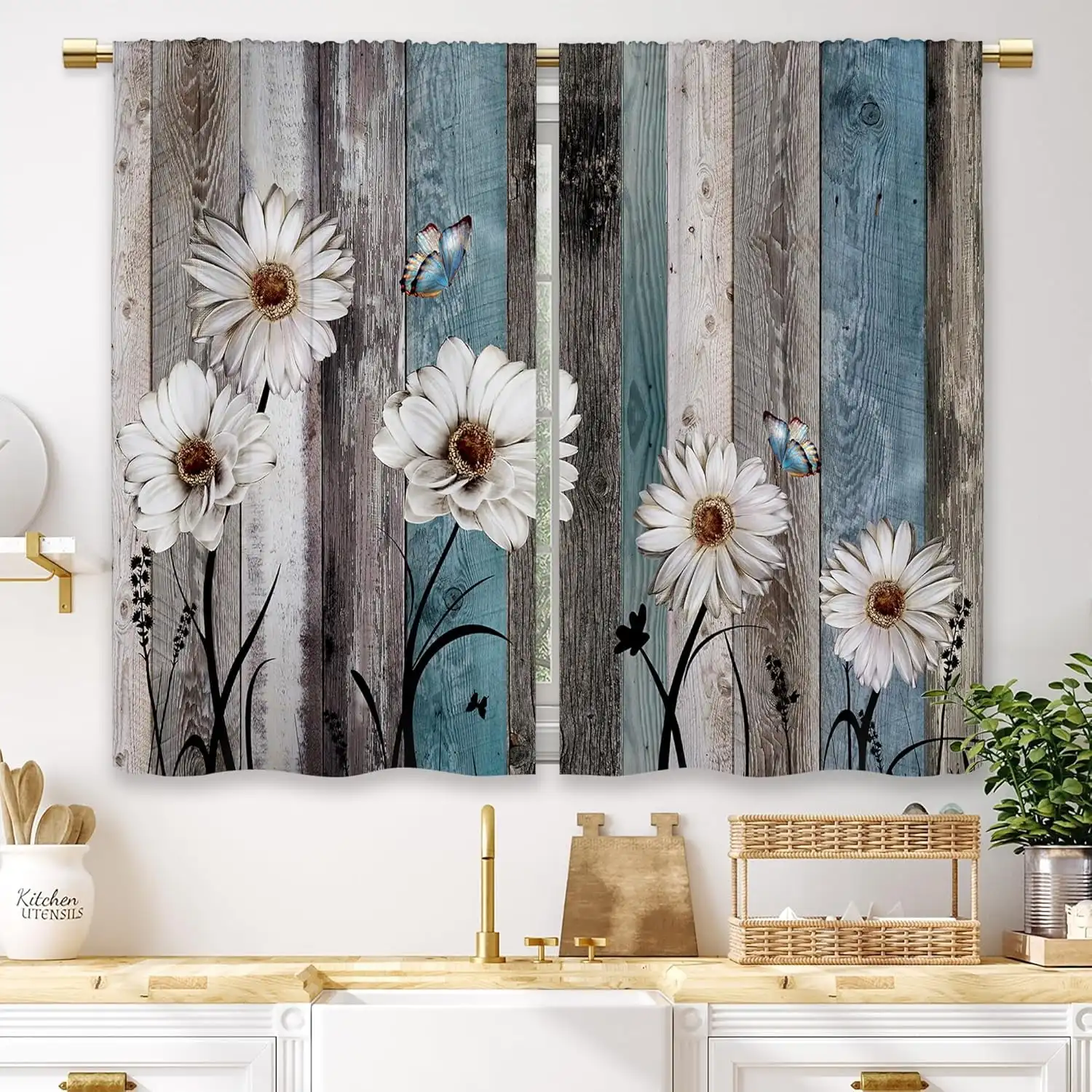2pcs Curtains Peach Skin Polyester Teal Farmhouse Daisy Flower Butterfly Rustic Country Cafe Short Drapes Kitchen Bathroom