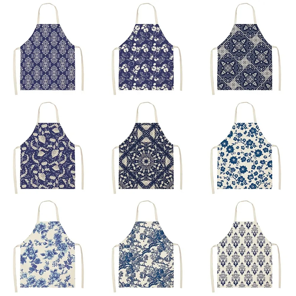 55x68cm Cotton and Linen Apron Blue Porcelain Cooking Sleeveless Bib Anti-greasy Kitchen Mandala Supplies Chef Aprons