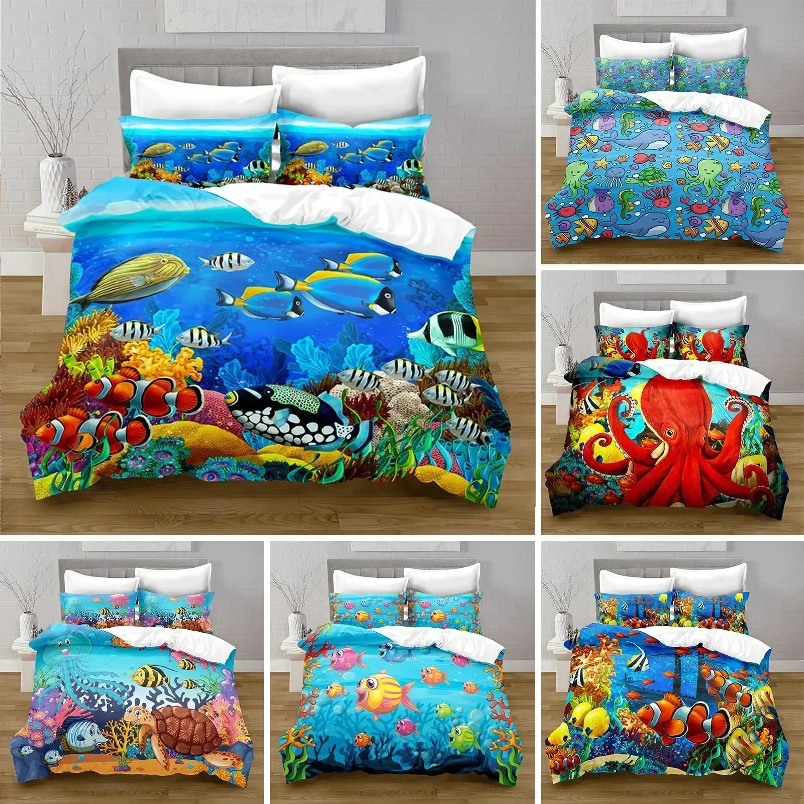New Cartoon Ocean Fish Duvet Cover Marine Theme Bedding Set Twin Decor Microfiber Sea Underwater World Comforter Cover