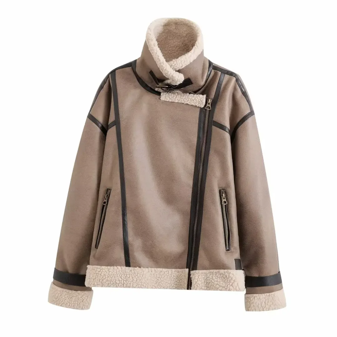 Veste en Faux Cuir à Manches sulfpour Femme, Manteau Rétro Chic, avec Fermeture Éclair et Décoration de Poche