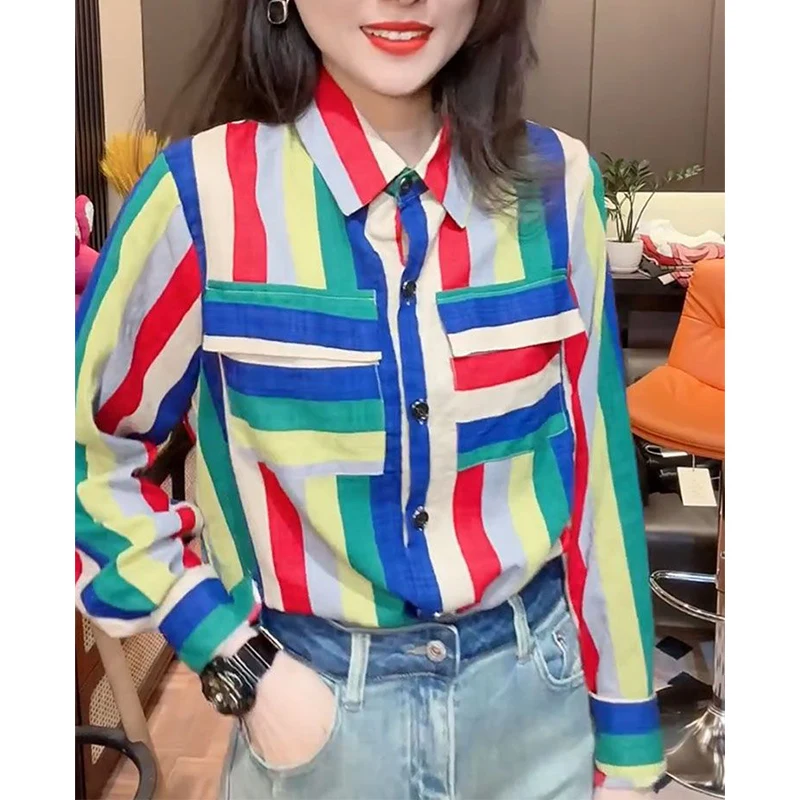 Spring Autumn Rainbow Printed Cardigan Shirt Ladies Long Sleeve Casual Fashion All-match Buttons Top Women Contrast Color Blouse