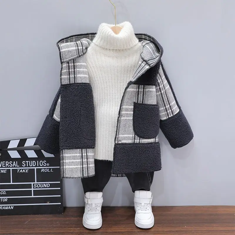 Boys' Winter Fleece Lined Plaid Woolen Coat 6-12 Years Casual Outdoor Cotton Jacket