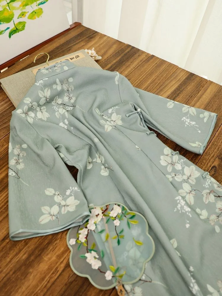 Inverted Sleeves Daily Green Flower Slim Qipao Women\'s Autumn Improved Modern Vintage Chinese-traditional-dress Cheongsam New