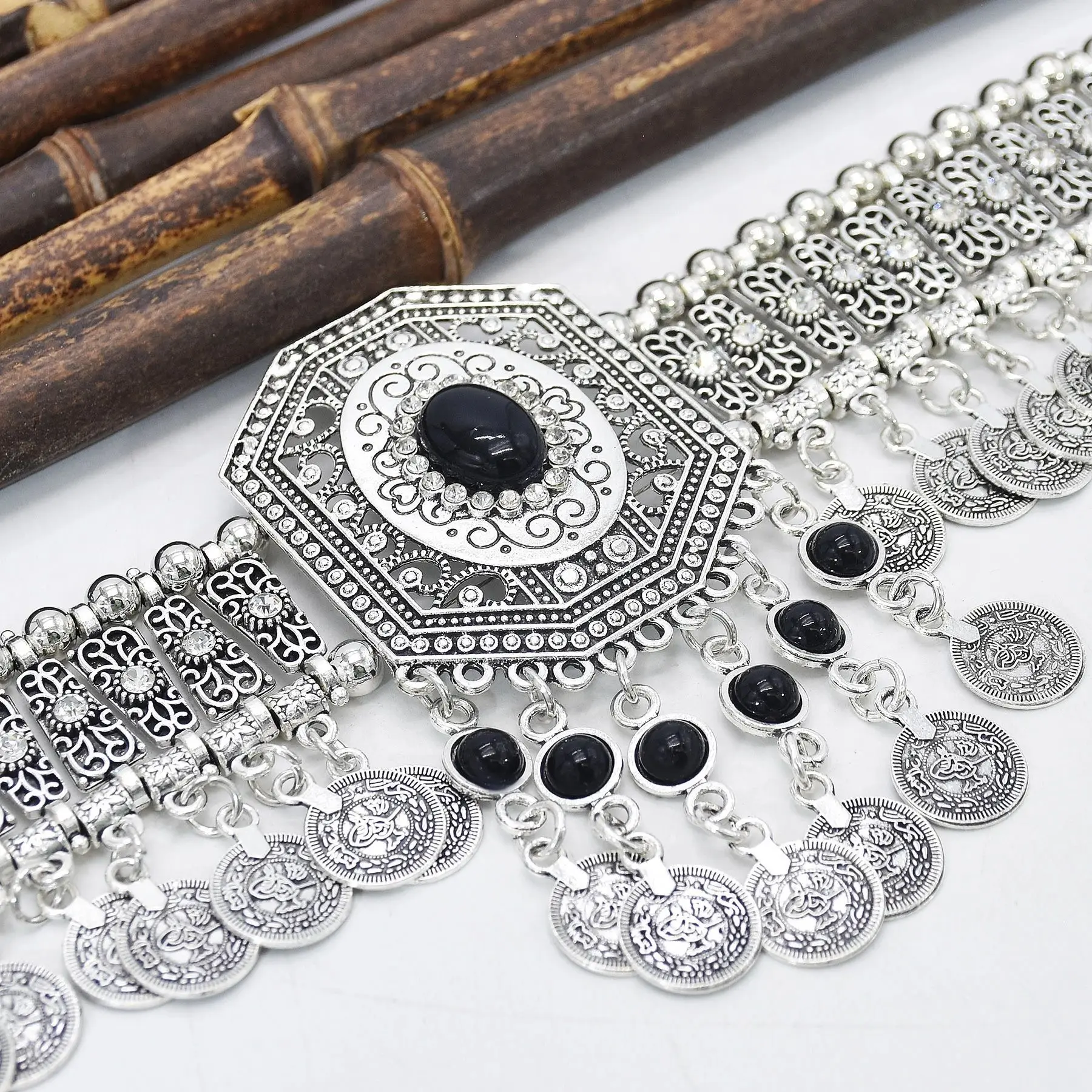 Bohemian Turquoise Vintage Silvery Coin Tassel Necklace For Women Gypsy Rhinestone Flower Chain Choker Collar Fashion Jewerly