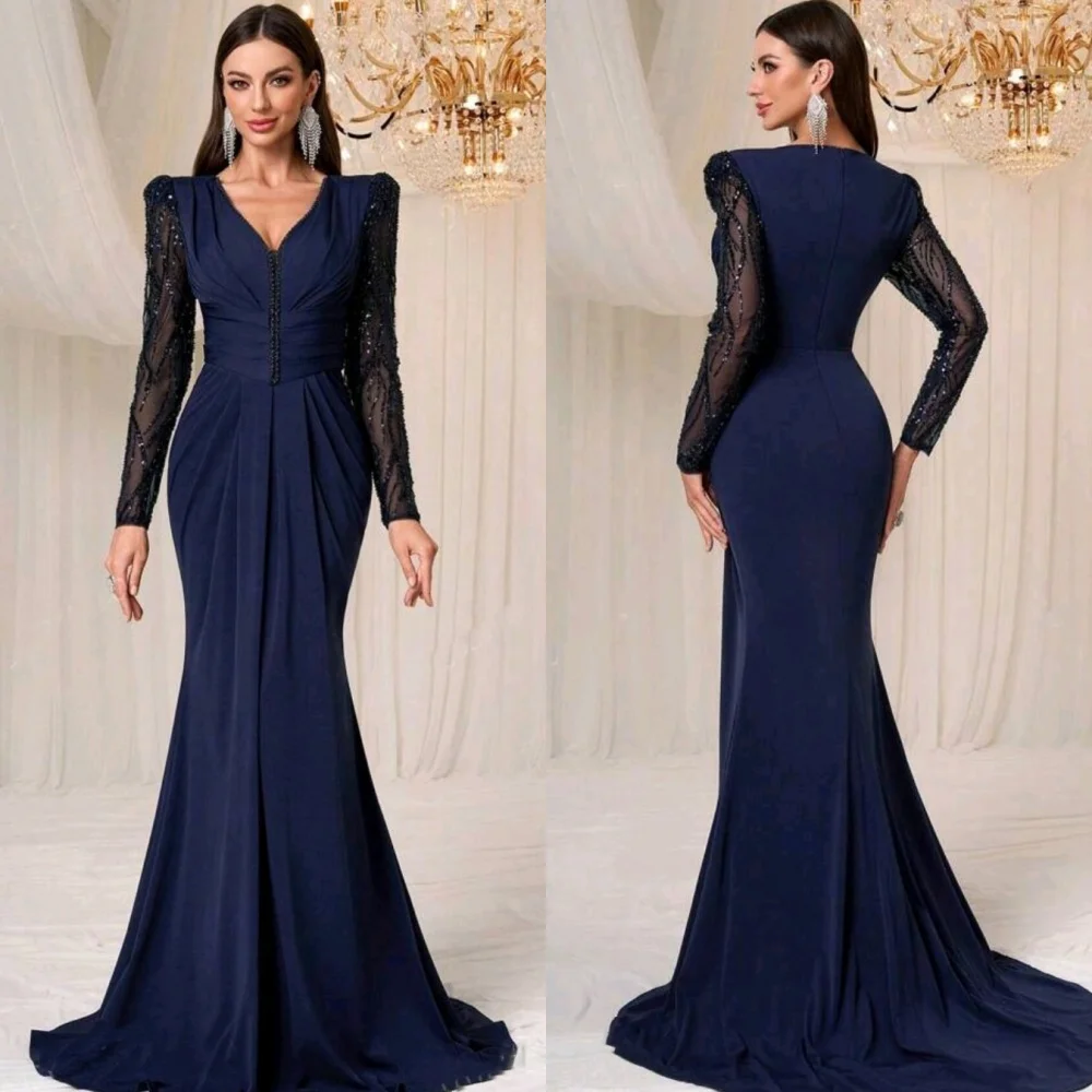 Personalizado sexy combinando chiffon plissado drapeado miçangas lantejoulas sereia com decote em v vestidos longos sob medida vestidos de ocasião de alta qualidade
