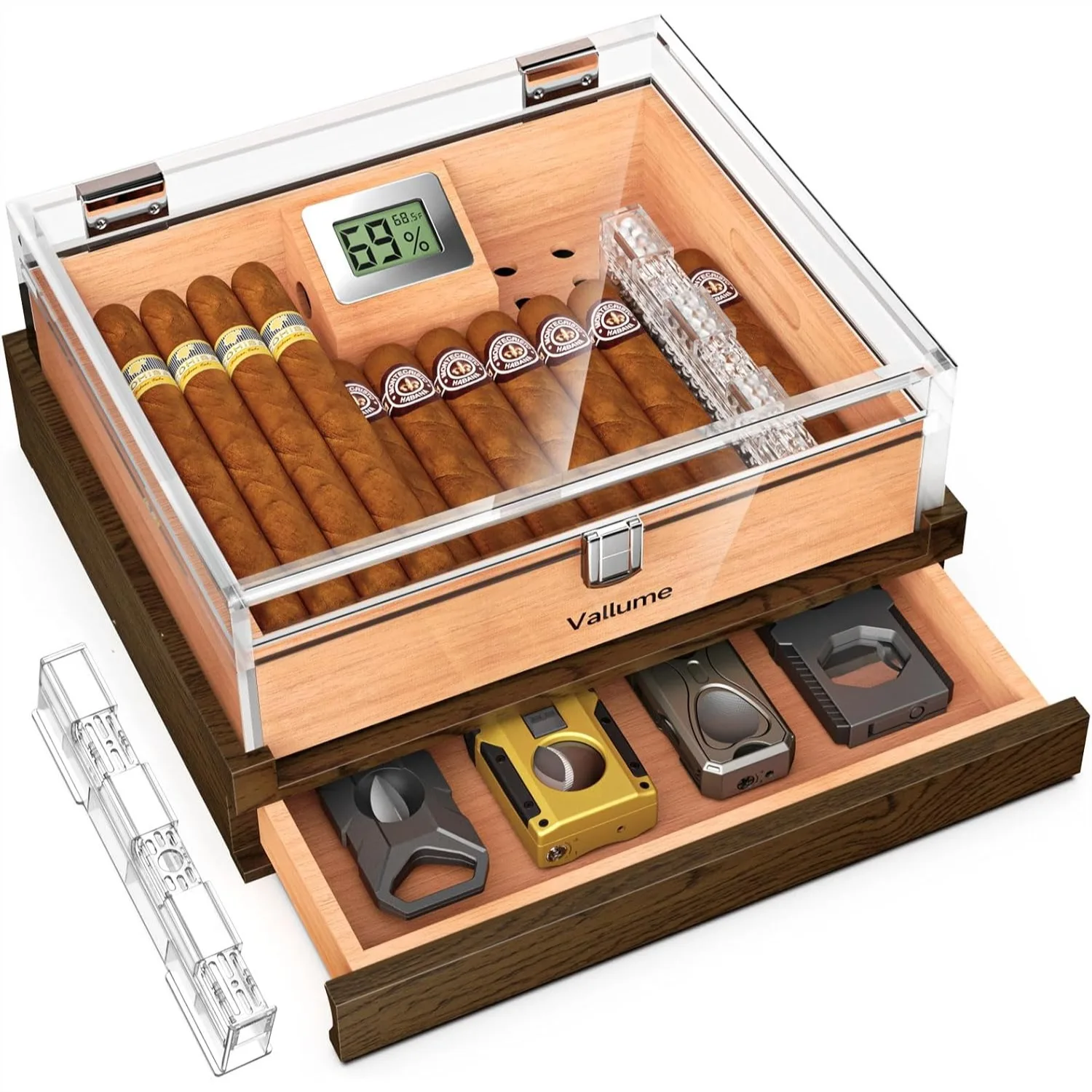 

Acrylic Cigar Humidor with Cedar Wood Tray, Desktop Humidor with Sliding Drawer, Gift for Men