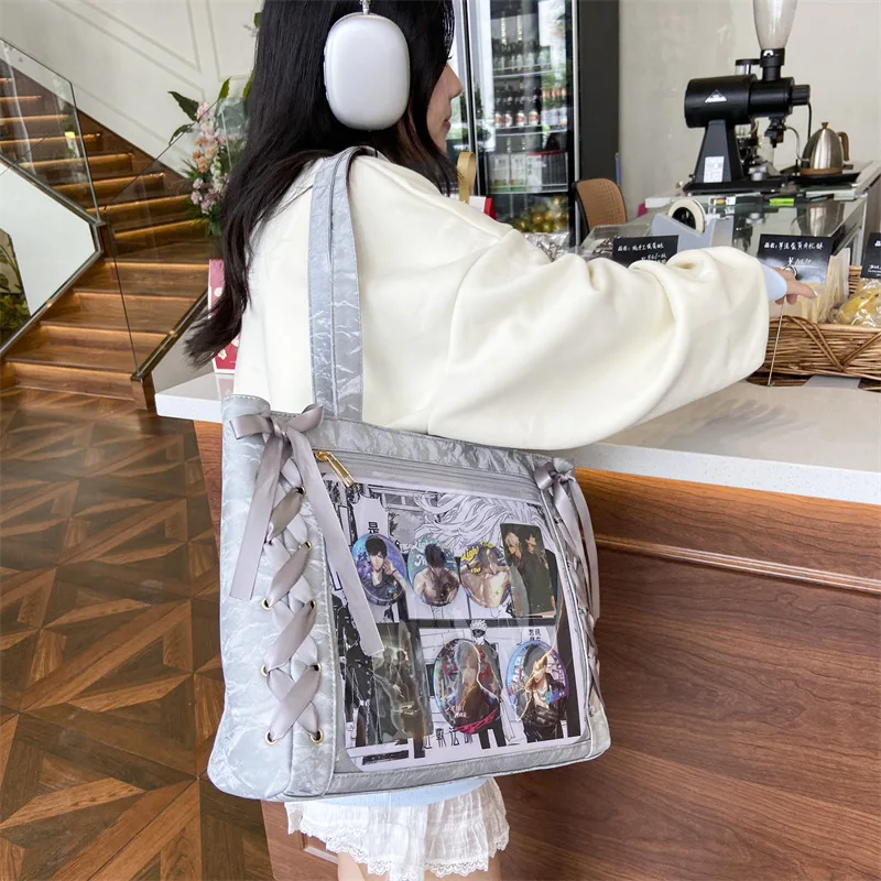 Bolso de hombro transparente con cinta de seda japonesa, bolsa con cremallera de gran capacidad, almacenamiento transparente para muñecas, bolso impermeable para mujer