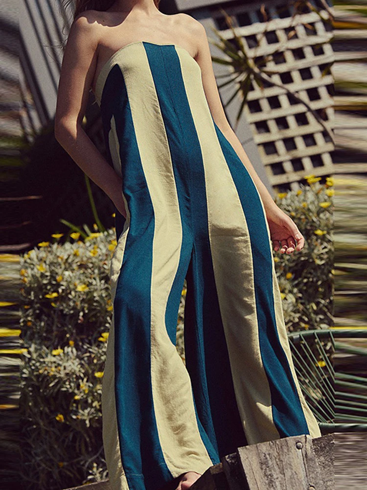 

Women Sexy Strapless Sleeveless Long Romper Fashion Hight Street Loose Party Playsuit Elegant Stripes Print Wide Legger Jumpsuit