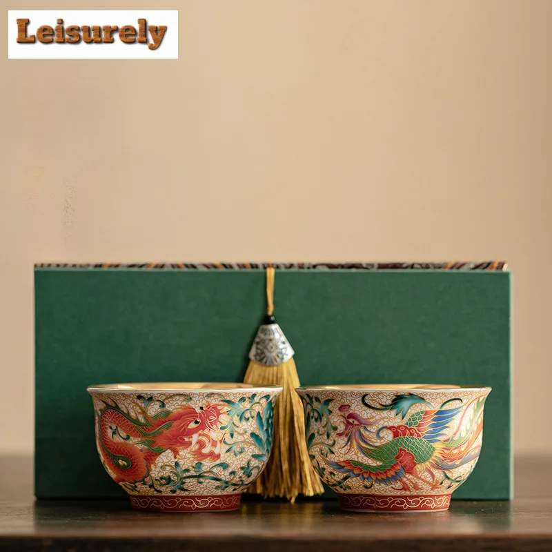 

130ML Handmade Enamel Gilded Ceramic Teacup Dragon And Phoenix Host Cup Tea Paired Coffee Mug Beautiful Kung Fu Teaset Drinkware