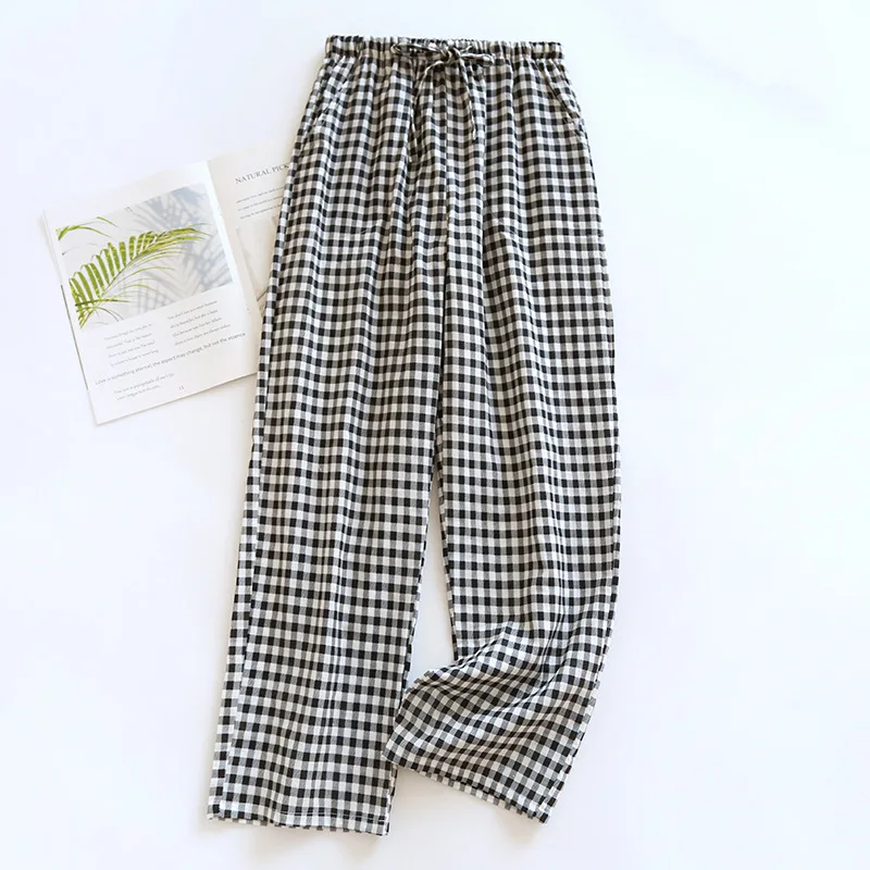 2024 New Japanese Spring/Summer Couple Sleepwear 100% Pure Cotton Gauze Men\'s and Women\'s Long Pants Thin Plaid Loose Home Pants