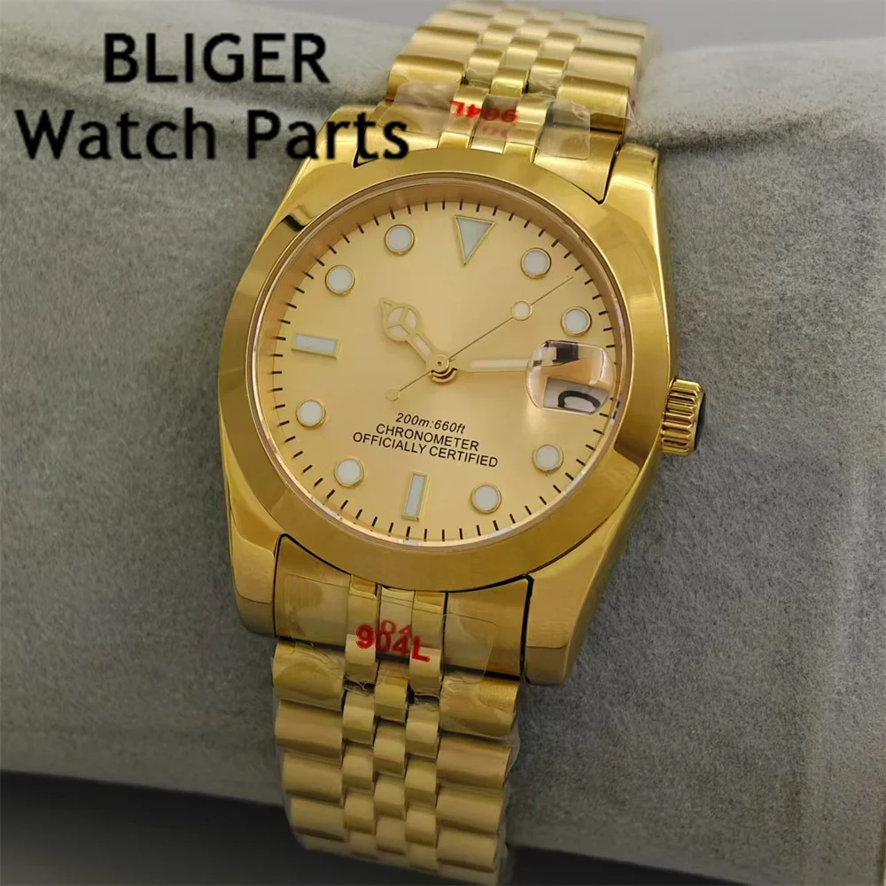 BLIGER 36mm/39mm Luxury Gold Men Watch NH35 Automatic Movement Steel Case Bracelet  Super blue Green Luminous Sapphire Glass