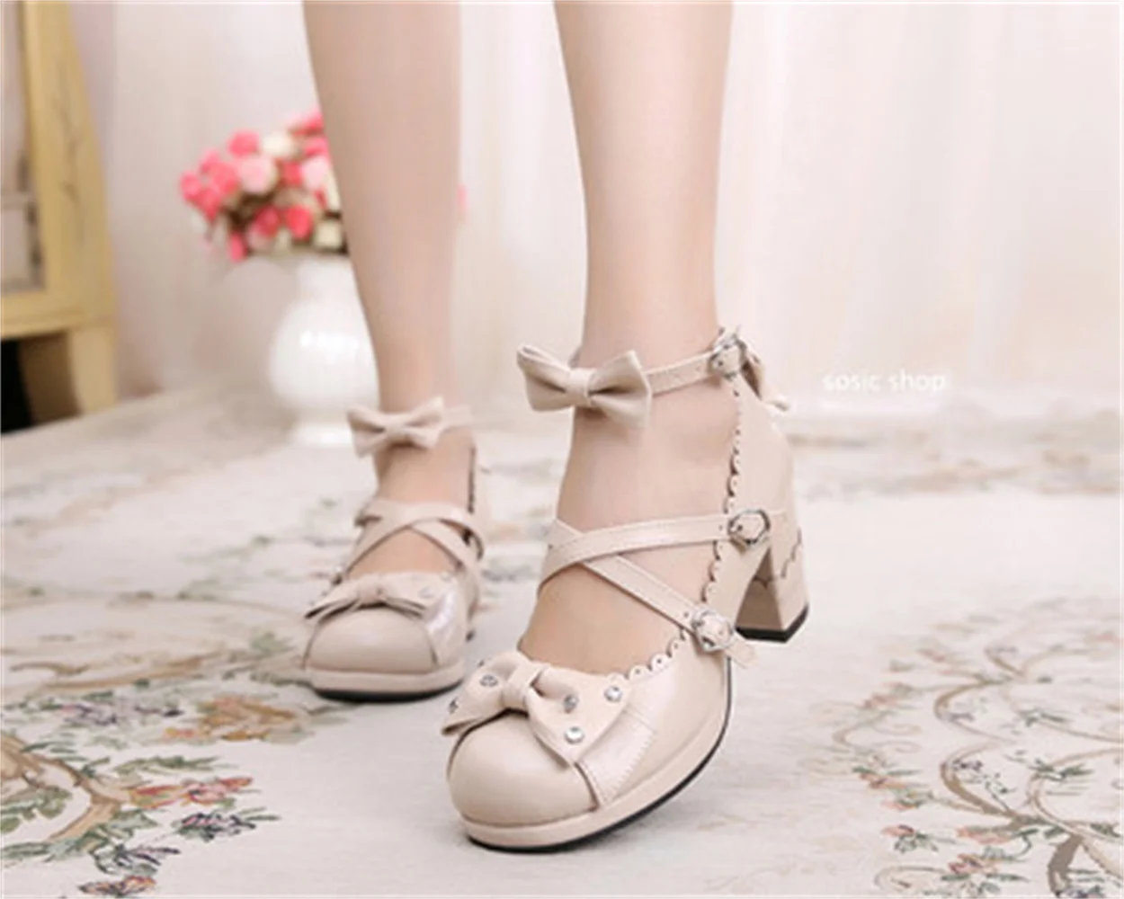 Lolita Japanese Rhinestone Bow Jk Sweet Cute Strap High Heeled Round Head Student Shoes Kawaii Girl Tea Party Cos Loli Vintage