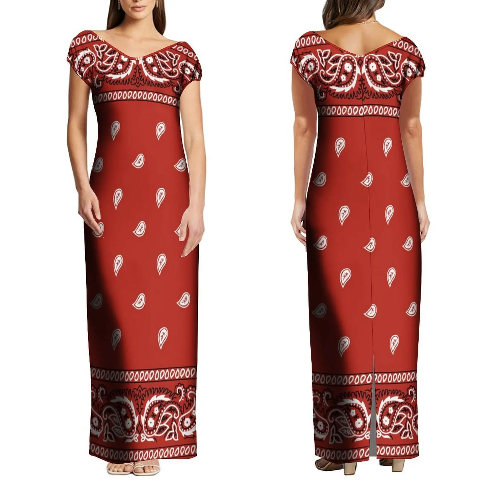 Belastingvrij nieuw ontwerp op maat grote maat bandana print jurk dames elegante grote v-hals off-shoulder split lange maxi-jurk