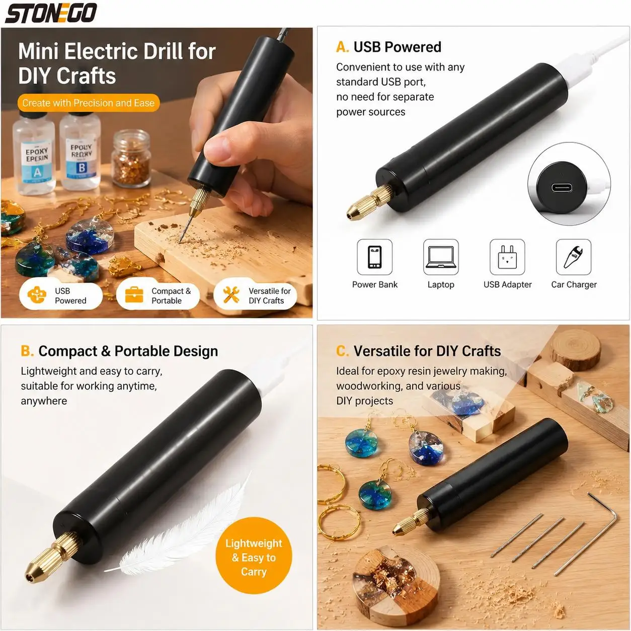 Mini USB Powered Electric Drill Handheld Rotary Tool Engraving Pen Cordless for Epoxy Resin Jewelry Making Pearl Keychain Wood Plastic Craft Boring Punching Cutting Drilling Kit DIY Art Supplies Portable Lightweight Low Noise
