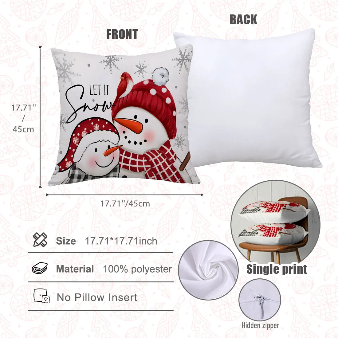 45cm Christmas Throw Pillow Cover, Snowman, Christmas Tree “LET IT SNOW” Text  for Christmas Home Pillow Case Cover Decor