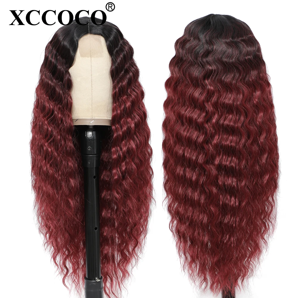 XCCOCO Synthetic Lace Part Wigs Deep Wave Natural Hairline 1B/99j Ombre Deep Wave Curly Lace Wig Natural Color For Women 28inch