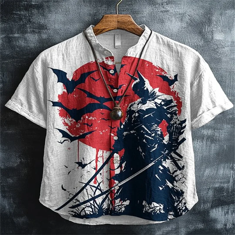 

2025 Men's Black Cat Warrior Art Printed Casual Shirt Under Cherry Blossom Trees