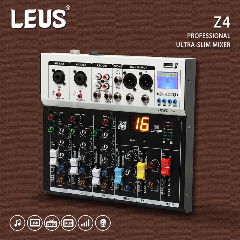 LEUS Z4 Mixing Console Audio Interface Bluetooth USB Record PC 48V Phantom Power Delay Repaeat Effect 4 Channels DJ Sound Mixer