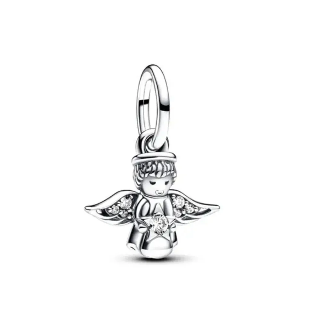 2024 New 925 Sterling Silver Angle love Beads Plum colored barbell Pendant Charms Fit Original Pandoo Bracelet DIY Gift Women