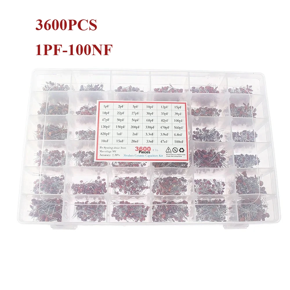 3600 ピース/箱セラミックコンデンサコンビネーションキット 50V 1PF-100NF 36 値セラミックコンデンサ詰め合わせキット各種コンデンサ