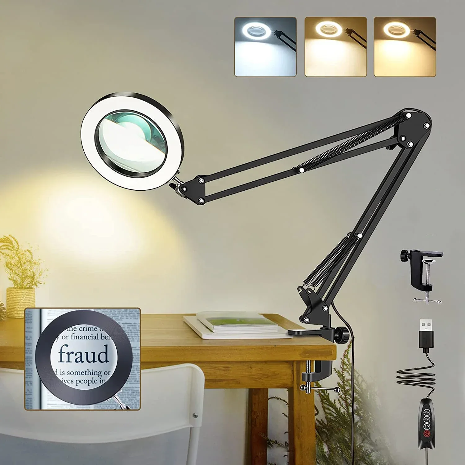 8X Magnifying Glass with Light and Stand Dimmer Adjustable Swing Arm 2in1 Desk Lamp and Clamp for Craft Reading Repair Work