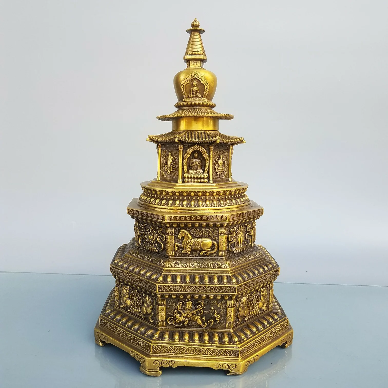 37CM Large Asia Buddhism Worship Temple family home Safety wealth India brass Buddha Pagoda tower talisman